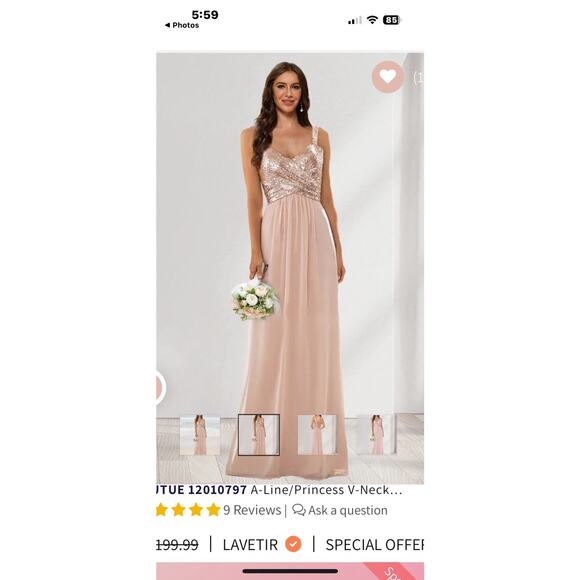 Rose Gold Prom Dress, Long Sequined, Sweetheart Chiffon Formal Wedding Pro - Picture 6 of 8